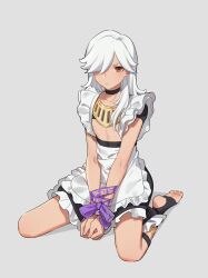  1boy absurdres alternate_costume apron bare_pectorals between_legs bishounen black_choker black_dress bound bound_wrists bridal_legwear choker clenched_hands crossdressing cyno_(genshin_impact) dress enmaided frilled_apron frills full_body genshin_impact grey_background hair_over_one_eye hand_between_legs highres light_frown limoli_lian long_hair looking_at_viewer maid male_focus no_headwear no_nipples pectorals purple_ribbon red_eyes revealing_clothes ribbon ribbon_bondage sample_watermark short_sleeves side_part simple_background sitting solo three_quarter_view usekh_collar v_arms waist_apron wariza watermark white_apron white_hair 