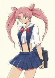  bag bishoujo_senshi_sailor_moon bow buttons chibi_usa cone_hair_bun cowboy_shot double_bun female hair_bun holding holding_bag looking_at_viewer midriff navel pink_hair pleated_skirt red_bow school_uniform shirt short_sleeves simple_background skirt solo suspenders tamago_(bolo) white_background white_shirt 