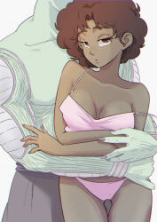  1boy absurdres afro breasts brown_eyes brown_hair camisole cleavage colored_skin commentary dark-skinned_female dark_skin dragon_ball dragon_ball_super dragon_ball_super_super_hero english_commentary female green_skin head_out_of_frame height_difference highres hug hug_from_behind interspecies janet_(dragon_ball) looking_at_viewer medium_breasts paid_reward_available panties piccolo pink_camisole pink_mousse pink_panties solo_focus spaghetti_strap straight strap_slip thigh_gap underwear 