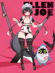  ass_visible_through_thighs bangboo_(zenless_zone_zero) bikini black_bikini black_hair breasts character_name closed_mouth colored_inner_hair commentary_request ellen_joe female fins fish_tail highres large_breasts looking_at_viewer maid maid_headdress mole mole_under_eye multicolored_hair red_background red_eyes red_hair shark shark_girl shark_tail sharkboo_(zenless_zone_zero) short_hair standing swimsuit tail thighs two-tone_hair waterring zenless_zone_zero 