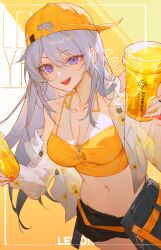  alternate_costume azur_lane backwards_hat baseball_cap black_shorts blouse blush breasts camisole cleavage collarbone commentary_request cowboy_shot cup disposable_cup enterprise_(azur_lane) female floral_print food fruit grey_hair hair_between_eyes hat highres holding holding_cup kuroduki_(pieat) lemon lemon_slice long_hair looking_at_viewer navel open_mouth orange_camisole orange_hat purple_eyes shirt shorts sidelocks solo stomach teeth upper_teeth_only white_shirt 