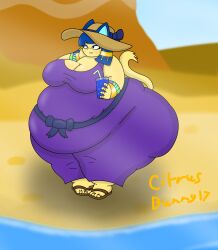  2024 absurd_res anthro beach belly belly_squish belt beverage big_belly big_breasts blue_belt blue_bow blue_ears blue_eyeshadow blue_hair blue_inner_ear blue_nose breasts brown_clothing brown_footwear brown_hat brown_headwear brown_sandals citrusbunny17 clothing colored digit_ring digital_media_(artwork) domestic_cat dress drinking_straw eyelashes eyeshadow fan_character feet felid feline felis female footwear hair hand_on_face hand_on_own_face hat headgear headwear hi_res holding_beverage holding_object huge_belly hyper hyper_belly jewelry makeup mammal obese obese_anthro obese_female outside overweight overweight_anthro overweight_female pita_(citrusbunny17) purple_clothing purple_dress ring sandals sea shaded shoes smile solo squish sun_hat tail thick_thighs toe_ring toes water wristband yellow_body yellow_tail 