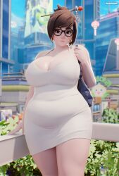  3d absurdres artist_name bag belly big_belly black-framed_eyewear breasts brown_eyes brown_hair city cleavage collarbone commentary covered_navel curvy dress english_commentary female fugtrup glasses hair_bun hair_ornament hair_stick handbag highres huge_breasts looking_at_viewer mei_(overwatch) meme_attire overwatch pencil_dress plump plunging_neckline short_dress short_hair single_hair_bun smile solo sundress swept_bangs thighs white_dress wide_hips 