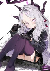  absurdres black_gloves black_skirt blue_archive blush closed_mouth commentary_request demon_girl demon_horns female gloves grey_hair gun halo highres hina_(blue_archive) holding holding_leash horns knees_up leash long_hair long_sleeves looking_at_viewer machine_gun mg42 multiple_horns no_shoes pepq purple_eyes purple_thighhighs sitting skirt solo thighhighs transparent_background very_long_hair weapon 