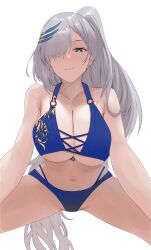  bare_shoulders bikini blue_bikini blue_eyes blue_feathers braid breasts bright_pupils cleavage closed_mouth collarbone eyelashes feather_hair_ornament feathers female grey_hair hair_ornament hair_over_one_eye highres hololive hololive_indonesia navel pavolia_reine ponytail si_farid solo swimsuit virtual_youtuber white_pupils 