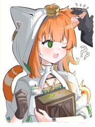  1other ? ?? @_@ absurdres animal_ears arknights blush book breasts brown_gloves cleavage dress embarrassed female flustered gloves green_eyes highres holding holding_book hood hood_up hooded_dress looking_at_another notice_lines one_eye_closed open_mouth orange_hair papyrus_(arknights) short_hair simple_background single_glove small_breasts solo_focus spam_(spamham4506) sweatdrop tail tail_raised upper_body white_background white_dress 