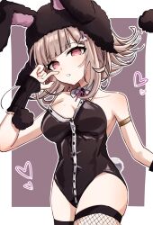  animal_ears animal_hood arm_warmers bare_shoulders black_leotard black_thighhighs breasts danganronpa_(series) danganronpa_2:_goodbye_despair fake_animal_ears fake_tail female fishnet_thighhighs fishnets galaga hair_ornament hand_up heart highres hood leotard mole mole_on_breast nanami_chiaki official_alternate_costume pink_eyes playboy_bunny rabbit_ears rabbit_hood rabbit_tail rishaku_(user_cuwx8758) solo tail thighhighs white_background 