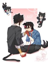  &gt;_&lt; 2boys ^_^ animal_ears arms_behind_head bandaged_arm bandages barefoot black_eyes black_hair black_jacket black_pants blue_shirt cat_boy cat_ears cat_tail chibi chinese_commentary clenched_teeth closed_eyes closed_mouth collar commentary_request dog_boy dog_ears dog_tail facial_tattoo flower freckles fu_shun_(touqi_guaitan) gloves grin hair_flower hair_ornament hand_on_another&#039;s_cheek hand_on_another&#039;s_face hand_on_own_wrist highres holding holding_leash jacket junxiu_di_maoyi kemonomimi_mode leash male_focus multiple_boys multiple_views pants pink_flower red_collar red_gloves shirt short_sleeves single_glove smile tail tail_wagging tattoo teardrop teeth touqi_guaitan yaoi ziche_fuzhao 