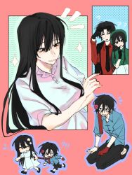  !? 2boys 2girls :3 ? ?? black_eyes black_footwear black_gloves black_hair black_jacket black_necktie black_pants blue_shirt blush bracelet breasts chibi chinese_commentary collared_shirt commentary_request confused dress finger_to_mouth flower freckles fu_shun_(touqi_guaitan) genderswap_(mtf) gloves green_hat green_shirt hair_between_eyes hair_flower hair_ornament hat highres index_finger_raised jacket jacket_on_shoulders jewelry junxiu_di_maoyi kneeling large_breasts long_hair long_sleeves mole mole_under_eye multiple_boys multiple_girls musical_note naihe_(touqi_guaitan)_(female) necktie notice_lines open_mouth pants pink_flower puffy_short_sleeves puffy_sleeves red_shirt removing_eyewear rule_63 shirt short_hair short_sleeves skirt sleeves_rolled_up smile sparkle sunglasses suspenders sweat teardrop touqi_guaitan white_dress white_skirt zhu_yaoxing ziche_fuzhao 