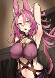  armpits cat_ears cat_tail catgirl clothed duel_monster female gold_jewelry golden_eyes large_breasts midriff pink_hair sweat synchroman tri-brigade_ferrijit_the_barren_blossom yu-gi-oh! 