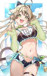  :3 :d ahoge belly_chain black_shorts blonde_hair blue_bow bow camisole choker cowboy_shot crop_top detached_sleeves fangs female genshin_impact green_choker green_eyes hair_intakes highres jewelry kirara_(genshin_impact) long_hair long_sleeves looking_at_viewer midriff mikazuki_mika navel open_mouth short_shorts shorts smile solo spaghetti_strap standing stomach thigh_strap thighs very_long_hair 