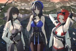  3girls armpits arms_up baizhi_(wuthering_waves) bangs_pinned_back bare_shoulders beret black_dress black_gloves black_hair black_pantyhose black_shirt blue_hat blush bow braid breasts chest_sarashi chixia_(wuthering_waves) cleavage closed_mouth clothes_around_waist collarbone commentary_request cowboy_shot crop_top detached_sleeves dress elbow_sleeve eyeliner feather_hair flower forehead_tattoo freckles gloves green_eyes grin groin hair_between_eyes hair_ornament hairbow half_gloves hand_on_own_chest hand_on_own_hip hat hat_bow highres large_breasts long_hair looking_at_viewer makeup midriff multicolored_hair multiple_girls navel outdoors pangu_terminal_(wuthering_waves) pantyhose parted_bangs partially_fingerless_gloves red_eyeliner red_eyes red_hair red_shorts sarashi see-through see-through_cleavage shirt shirt_around_waist shorts side_braid sidelocks single_bare_shoulder single_detached_sleeve single_glove sleeveless sleeveless_dress smile standing streaked_hair tabard tacet_mark_(wuthering_waves) teeth two-tone_hair underbust white_hair white_sleeves wuthering_waves yangyang_(wuthering_waves) ziroqon 