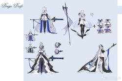  absurdres alsace_(azur_lane) armored_boots azur_lane bad_id bad_twitter_id bare_shoulders black_footwear black_gauntlets black_tiara black_wings blue_eyes blue_hair boots breast_strap breasts concept_art cross dress embarrassed facing_viewer feifeifeihai female full_body gauntlets head_wings highres large_breasts logo long_hair masked multiple_views parted_bangs rigging short_dress tiara turret very_long_hair white_dress wings 