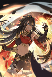  arm_armor asymmetrical_clothes black_gauntlets black_hair black_shorts blue_eyes blurry blurry_background breasts cape clenched_teeth cowboy_shot criss-cross_halter crossed_bangs crossed_belts dark-skinned_female dark_skin dehya_(genshin_impact) female floating_hair genshin_impact gold_choker hair_ears halterneck hands_up highres kazezz large_breasts looking_ahead looking_to_the_side multicolored_hair multiple_thigh_straps open_mouth red_cape shorts solo streaked_hair teeth vision_(genshin_impact) 