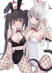  2girls absurdres animal_ears black_hair black_horns black_leotard black_tail blue_archive blush braid breasts cleavage closed_mouth covered_navel demon_horns demon_tail detached_collar fake_animal_ears fishnet_pantyhose fishnets fuuka_(blue_archive) grey_hair halo haruna_(blue_archive) highres horns kirin_(kirin1023) large_breasts leotard long_hair multiple_girls pantyhose rabbit_ears red_eyes red_halo side_braid simple_background small_breasts tail white_background white_leotard wrist_cuffs 