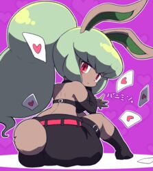  animal_ears blush bunny_mint card female from_behind green_hair heart high_ponytail long_hair looking_back nollety pink_background playing_card rabbit_ears rabbit_girl rabbit_tail red_eyes sitting solo tail youkai_(youkai_watch) youkai_watch 