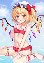  bikini blonde_hair blush bow commentary_request corrupted_twitter_file crystal female flandre_scarlet flat_chest frilled_anklet frilled_bikini frilled_wrist_cuffs frills hairbow hand_on_own_chest hat hat_ribbon heart_bubbles highres looking_at_viewer medium_hair mob_cap multicolored_wings navel oerba_yun_fang one_side_up open_mouth red_bikini red_bow red_eyes ribbon shirotsuki_shirone side-tie_bikini_bottom side_ponytail sitting skin_fang smile solo swimsuit thigh_strap touhou wariza water white_hat wings wrist_cuffs 