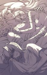  1boy 2girls arknights bandaged_arm bandages bed blanket closed_eyes commentary_request greyscale hoederer_(arknights) horns hug ines_(arknights) lari_lab monochrome multiple_girls parted_lips pointy_ears shirt short_hair short_sleeves sleeping t-shirt third_wheel w_(arknights) 