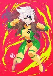  artist_name atomicmrshmallw black_headband bodysuit boots breasts brown_jacket cropped_jacket female full_body gloves green_eyes headband highres jacket large_breasts long_hair looking_at_viewer marvel multicolored_hair open_clothes open_jacket rogue_(x-men) smile solo standing white_hair x-men x-men:_the_animated_series yellow_gloves 