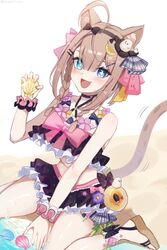  :d ahoge animal_ear_fluff animal_ears beach bikini bikini_skirt black_hairband blue_eyes blush bow braid brown_hair cat_ears cat_tail commentary female frilled_bikini frills fruit_hair_ornament hair_ornament hairband hairclip highres holding holding_shell honkai_(series) honkai_impact_3rd looking_at_viewer macaroni_0101 mole mole_under_eye ocean oerba_yun_fang official_alternate_costume open_mouth pardofelis_(honkai_impact) pardofelis_(midsummer_collector)_(honkai_impact) sand sandals scrunchie shell sitting skin_fang smile solo star-shaped_pupils star_(symbol) swimsuit symbol-only_commentary symbol-shaped_pupils tail water wrist_scrunchie 