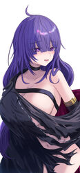  ahoge azur_lane black_choker black_dress breasts choker collarbone dress female fuyuame5089 groin highres huge_breasts long_hair mogador_(azur_lane) mole mole_on_breast open_mouth purple_eyes purple_hair simple_background single_bare_shoulder solo torn_clothes torn_dress very_long_hair white_background 