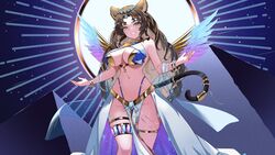  animal_ears bangle bare_arms bare_shoulders blue_background blue_gemstone bracelet breasts brown_hair cat_ears cat_tail cleavage curvy dee_the_sphinx_(vtuber) feathered_wings female gem gold_bra gold_bracelet golden_eyes gradient_wings grin hair_ornament indie_virtual_youtuber jewelry kitatyoco large_breasts long_hair long_skirt looking_at_viewer midriff multicolored_wings narrow_waist navel pelvic_curtain pyramid_(structure) revealing_clothes skirt sleeveless smile solo sphinx standing stomach tail tail_ornament teeth thick_thighs thighs usekh_collar virtual_youtuber wide_hips wings yellow_eyes 