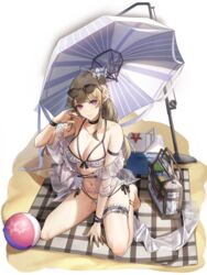  afra_(final_gear) anklet armband artist_request bag ball bare_shoulders beach_umbrella beachball bikini bikini_ribbon black_choker black_ribbon blonde_hair blunt_bangs bow bow_bikini breasts bridal_garter choker cleavage closed_mouth coat cooler earrings eyewear_on_head female final_gear frilled_bikini frills full_body gingham_blanket hair_ornament hairbow heart heart_tattoo highres horizontal-striped_bikini horizontal-striped_bow jewelry light_blush long_hair long_sidelocks looking_at_viewer looking_up official_art on_ground outdoors pinstripe_umbrella purple_eyes ribbon sand scarf see-through see-through_bag see-through_coat see-through_scarf see-through_sleeves seiza sidelocks simple_background sitting smile solo spaghetti_strap starfish striped_umbrella sunglasses swimsuit tattoo third-party_source transparent_background umbrella upturned_eyes very_long_hair white_bikini white_bow white_coat white_scarf white_sleeves wristband x_hair_ornament zipper 