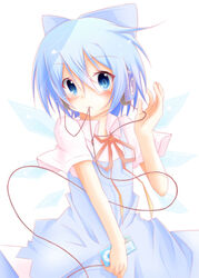  blue_bow blue_dress blue_eyes blue_hair bow cirno commentary_request digital_media_player dress female frown hairbow hakobako hand_up headphones ipod ipod_nano looking_at_viewer ribbon short_hair short_sleeves simple_background solo touhou white_background wings 