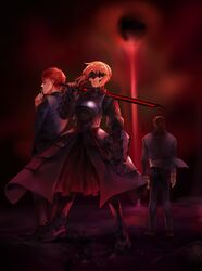  2boys armor armored_dress artoria_pendragon_(fate) bad_id bad_pixiv_id blonde_hair brown_hair covered_eyes cross emiya_shirou excalibur_morgan_(fate) fate/stay_night fate_(series) female great_grail head-mounted_display highres kotomine_kirei kotomine_shirou_(fanfic) multiple_boys orange_hair saber_alter ssam_(samel10) sword weapon 