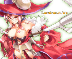  bare_shoulders breasts choker cleavage commentary_request copyright_name corset detached_sleeves earrings female gloves hat highres jewelry large_breasts long_hair luminous_arc pink_hair smile solo star_(symbol) tattoo toriol_3 vanessa_(luminous_arc) very_long_hair witch witch_hat 