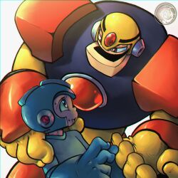  1:1 absurd_res armor artist_logo capcom clothing dragonfetus duo gloves gutsman half-closed_eyes handwear headgear helmet hi_res humanoid logo machine male mega_man_(character) mega_man_(series) narrowed_eyes open_mouth robot robot_master size_difference 