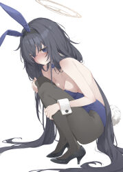  animal_ears bare_shoulders black_footwear black_hair black_pantyhose blue_archive blue_bow blue_bowtie blue_eyes blush bow bowtie breasts brown_halo cleavage closed_mouth commentary_request fake_animal_ears fake_tail female halo highres kani_biimu long_hair looking_at_viewer pantyhose rabbit_ears rabbit_tail shoes small_breasts solo tail ui_(blue_archive) very_long_hair 