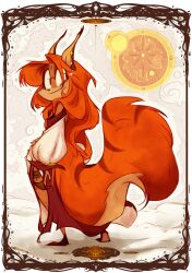  ambiguous_species anthro big_eyes big_tail bottomwear canid canine clothing ear_jewelry feline_ears female fox hair hi_res looking_away magic magic_circle mammal marcie_montis red_hair skirt smile solo tail unnamed_character 