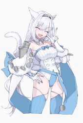  absurdres animal_ears blue_thighhighs breasts capelet cat_ears cat_tail cropped_legs dobrynya_nikitich_(fate) dobrynya_nikitich_(third_ascension)_(fate) fate/grand_order fate_(series) female fur-trimmed_capelet fur_trim gloves hand_on_own_hip highres large_breasts leotard long_hair oerba_yun_fang tail thighhighs v white_background white_gloves white_hair yamamon_0 