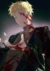  1boy absurdres atou_haruki black_jacket black_sweater blonde_hair blood blood_in_hair blood_on_clothes blood_on_face blood_on_hands blood_on_neck closed_mouth commentary film_grain hand_up highres jacket long_sleeves male_focus open_clothes open_jacket plant red_eyes saibou_shinkyoku short_hair solo sweater turtleneck turtleneck_sweater upper_body vines zhiyanpianyu55126 