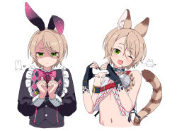  1boy 4-finger_heart_hands :&lt; ;d absurdres androgynous blonde_hair bow bowtie brown_tail cat_boy closed_mouth cropped_torso ensemble_stars! facial_mark fingerless_gloves gloves green_eyes hair_between_eyes hands_up heart heart_hands highres jaggy_lines kesuna looking_at_viewer male_focus mark_between_eyes multiple_views navel oerba_yun_fang official_alternate_costume one_eye_closed open_clothes open_mouth open_shirt pectoral_cleavage pectorals pink_bow pink_bowtie shaded_face shiratori_aira_(beasts&#039;_survival)_(ensemble_stars!) shiratori_aira_(ensemble_stars!) shiratori_aira_(stormcloud_fumble)_(ensemble_stars!) shirt short_hair side_part simple_background skin_fang smile split_mouth stomach straight-on striped_tail swept_bangs tail upper_body white_background white_shirt 