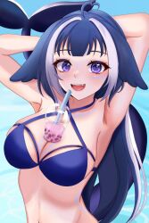  ahoge armpits arms_behind_head bikini black_hair blue_bikini body_markings breasts bubble_tea_challenge cetacean_tail cleavage facial_mark female fins fish_tail grey_hair heart heart_ahoge indie_virtual_youtuber long_hair multicolored_hair open_mouth orca_girl purple_eyes shylily shylily_(3rd_costume) solo starlet_art streaked_hair swimsuit tail teeth upper_body upper_teeth_only virtual_youtuber water 