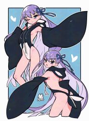  alternate_costume animal_hood ass backless_outfit black_one-piece_swimsuit blue_eyes blue_ribbon blush breasts detached_sleeves fate/grand_order fate_(series) female hacco_mayu hair_ribbon highleg highleg_one-piece_swimsuit highres hood hooded_swimsuit long_hair looking_at_viewer looking_back meltryllis_(fate) multiple_girls one-piece_swimsuit one_eye_closed orca_hood prosthesis prosthetic_leg purple_hair ribbon sideboob sleeves_past_fingers sleeves_past_wrists small_breasts smile swimsuit thighs very_long_hair wide_sleeves 