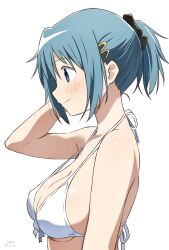  alternate_hairstyle artist_name bikini black_bow blue_eyes blue_hair bow breasts collarbone commentary female front-tie_bikini_top front-tie_top hair_ornament hairbow hairclip halterneck hand_on_own_head high_ponytail highres looking_to_the_side mahou_shoujo_madoka_magica mahou_shoujo_madoka_magica_(anime) miki_sayaka nagare_(flow) profile short_ponytail simple_background solo swimsuit upper_body white_background white_bikini 