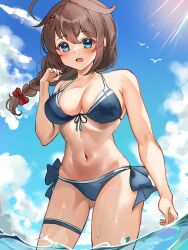  ahoge beach bikini blue_bikini blue_eyes blue_sky blush braid breasts brown_hair cleavage cloud day female front-tie_bikini_top front-tie_top hair_between_eyes hair_flaps hair_over_shoulder kantai_collection long_hair medium_breasts navel ocean official_alternate_costume outdoors sakana_u_u shigure_(kancolle) shigure_kai_san_(kancolle) shigure_kai_san_(swimsuit)_(kancolle) side-tie_bikini_bottom single_braid sky solo swimsuit thigh_strap water 