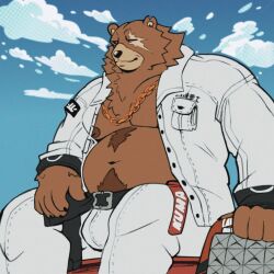  1:1 anthro bear belly ben_bigger body_hair brown_body brown_fur bulge chain_necklace clothed clothing eye_scar facial_scar fur happy_trail hi_res jacket jewelry leontamashi male mammal mihoyo musclegut muscular necklace nipples open_clothing open_jacket open_topwear pecs scar shirtless sky solo topwear white_clothing zenless_zone_zero 