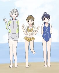  3girls :d arms_behind_back barefoot beach bikini bikini_ribbon blue_hair blue_one-piece_swimsuit bob_cut brown_hair casual_one-piece_swimsuit center-flap_bangs clenched_hands closed_mouth collarbone colored_inner_hair commentary dark_blue_hair diagonal_bangs dollchestra frilled_bikini frills full_body grey_hair hair_ornament hairclip hand_up hands_up high_ponytail highres inverted_bob kachimachi_kosuzu leg_up link!_like!_love_live! long_hair long_sleeves looking_at_viewer love_live! medium_hair midriff mole mole_on_neck multicolored_hair multiple_girls murano_sayaka navel official_alternate_costume official_alternate_hairstyle one-piece_swimsuit open_mouth ponytail puffy_short_sleeves puffy_sleeves red_hair ribbon short_hair short_sleeves smile split_mouth springsuit streaked_hair swimsuit tottsan virtual_youtuber white_ribbon yellow_bikini yugiri_tsuzuri 