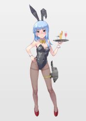  absurdres adapted_turret animal_ears black_leotard black_pantyhose blue_eyes blue_hair bow bowtie breasts cannon covered_navel cup detached_collar drink drinking_glass fake_animal_ears female full_body grey_background hand_on_own_hip hatsukaze_(kancolle) high_heels highleg highleg_leotard highres kantai_collection leotard long_hair looking_at_viewer pantyhose playboy_bunny rabbit_ears red_footwear simple_background small_breasts solo strapless strapless_leotard thighband_pantyhose tray turret wrist_cuffs yellow_bow yellow_bowtie yuushou 