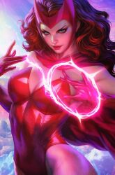  blue_eyes brown_hair cape elbow_gloves female gloves highres leotard long_hair looking_at_viewer magic marvel pantyhose pink_pantyhose red_cape red_gloves red_leotard red_lips scarlet_witch solo stanley_lau strapless strapless_leotard wanda_maximoff 