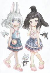  &gt;_&lt; 2girls :d :o :q absurdres animal animal_ear_fluff animal_ears animal_on_head bare_arms bare_shoulders barefoot black_hair blue_camisole blue_skirt blush_stickers camisole closed_eyes closed_mouth commentary_request crocs crossed_bandaids denim denim_skirt doubutsunoujyou food-themed_bag grey_background grey_hair hair_ornament hairclip hand_up highres multiple_girls multiple_views on_head original parted_lips pink_footwear purple_eyes rabbit rabbit_ears rabbit_girl rabbit_tail simple_background skirt smile star_(symbol) star_hair_ornament strap_slip tail tongue tongue_out v white_camisole xd 