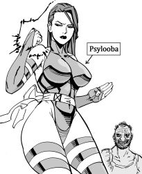  1boy absurdres arrow_(symbol) bb_(baalbuddy) breasts coomer_(meme) covered_navel cropped_legs energy female greyscale highres leotard long_hair looking_at_another marvel medium_breasts meme monochrome narrow_waist psylocke wide_hips x-men 