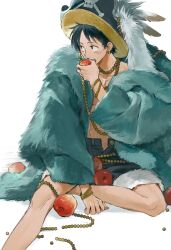  1boy apple bangle bead_necklace beads black_hair blue_shorts bracelet coat collarbone earrings eating food foot_out_of_frame fruit fur-trimmed_coat fur-trimmed_shorts fur_trim gold_earrings hat hico_(mrhooooy) highres holding holding_food holding_fruit jewelry jolly_roger looking_to_the_side male_focus monkey_d._luffy necklace one_piece open_fly open_mouth pirate_hat red_apple scar scar_on_cheek scar_on_face short_hair shorts sitting solo straw_hat white_background 