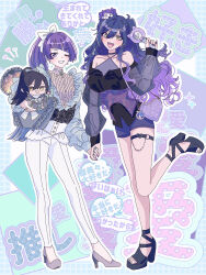  2girls :d ;d blunt_bangs character_doll commentary_request diagonal_bangs fingernails full_body highres holding_hands idolmaster idolmaster_shiny_colors long_hair looking_at_viewer multiple_girls nail_polish one_eye_closed outline paddy_field pants ponytail purple_hair purple_shorts see-through see-through_sleeves shirase_sakuya shorts smile standing standing_on_one_leg tanaka_mamimi text_background thigh_strap translation_request very_long_hair white_outline white_pants 