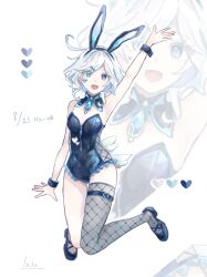  absurdres ahoge alternate_costume animal_ears arm_up armpits blue_eyes blue_footwear blue_hair blue_leotard breasts bunny_day cleavage dated fake_animal_ears fake_wings female fishnet_cutout fishnet_thighhighs fishnets furina_(genshin_impact) genshin_impact heart heterochromia highleg highleg_leotard highres leotard light_blue_hair looking_at_viewer luta_(luta_1013) playboy_bunny rabbit_ears short_hair single_bare_leg single_thighhigh small_breasts smile solo thighhighs wings wrist_cuffs zoom_layer 