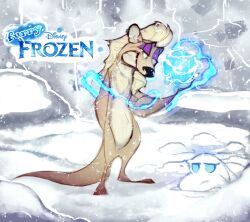  ambiguous_species black_snout blonde_hair disney elsa_(frozen) energy_ball female feral frozen_(disney) grin hair looking_at_another mammal marcie_montis mink mustelid musteline parody purple_eyelids smile snow snowman solo text true_musteline 